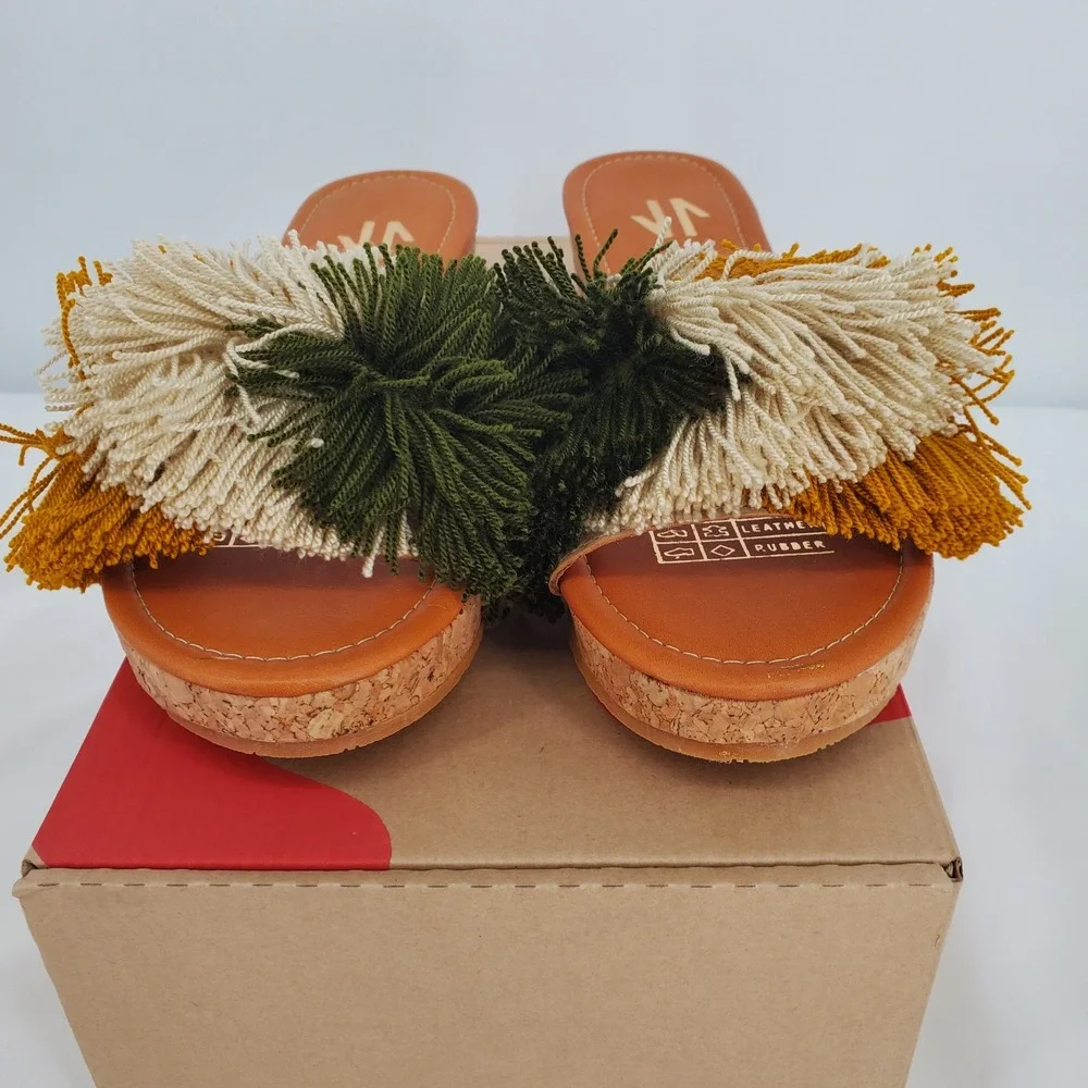 Silvia Cobos Mambo Fringe Wedge Sandals Green Multi Color Cork Platform 8.5 New